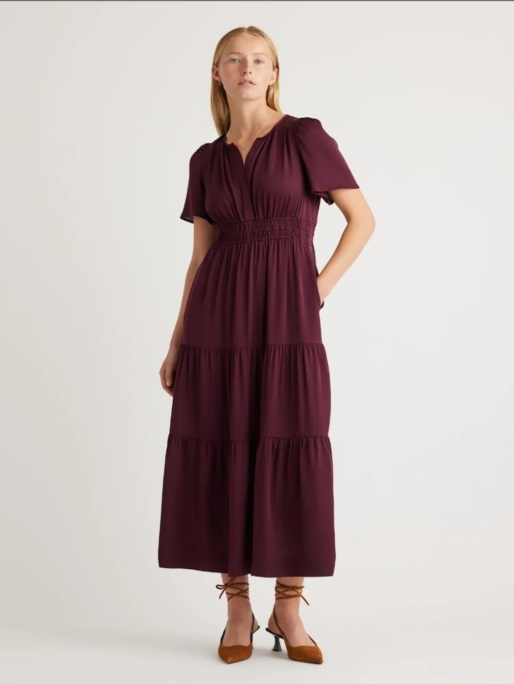 NWT! Quince 100% Mulberry Silk Tiered Wine Red Maxi Dress! Sz. M! (H67)